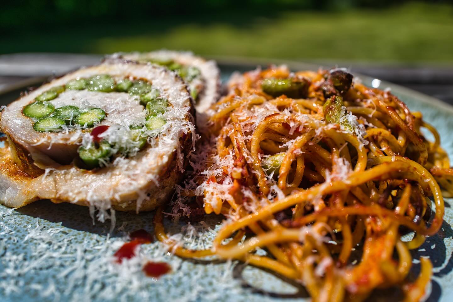 Grilled Asparagus-Stuffed Pork Tenderloin with Pasta