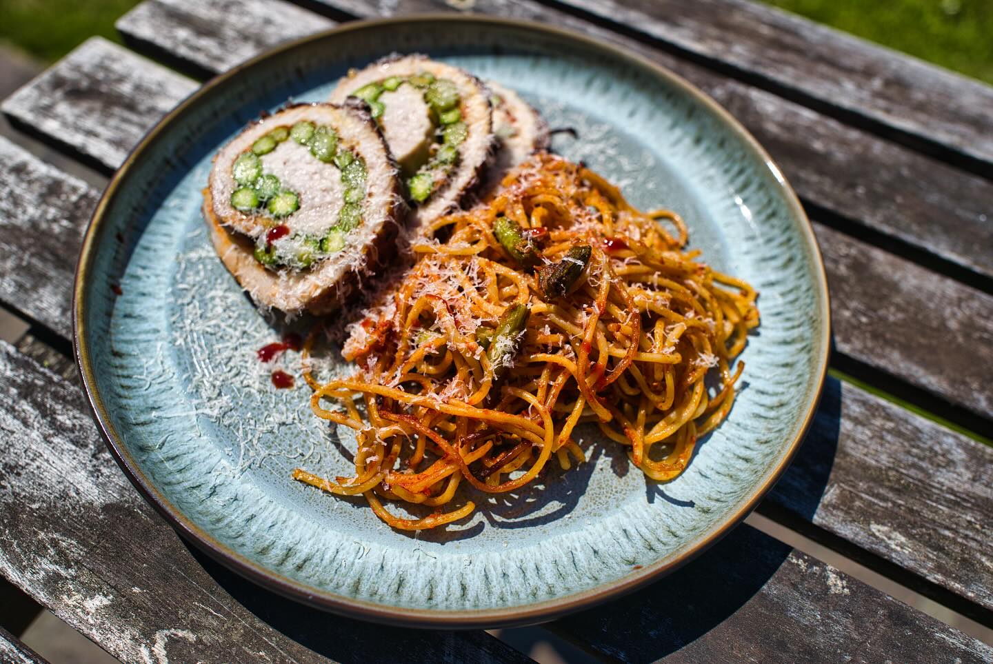 Grilled Asparagus-Stuffed Pork Tenderloin with Pasta
