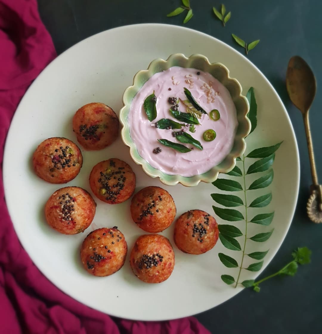 Beetroot Paniyarams with Beetroot Yogurt Dip