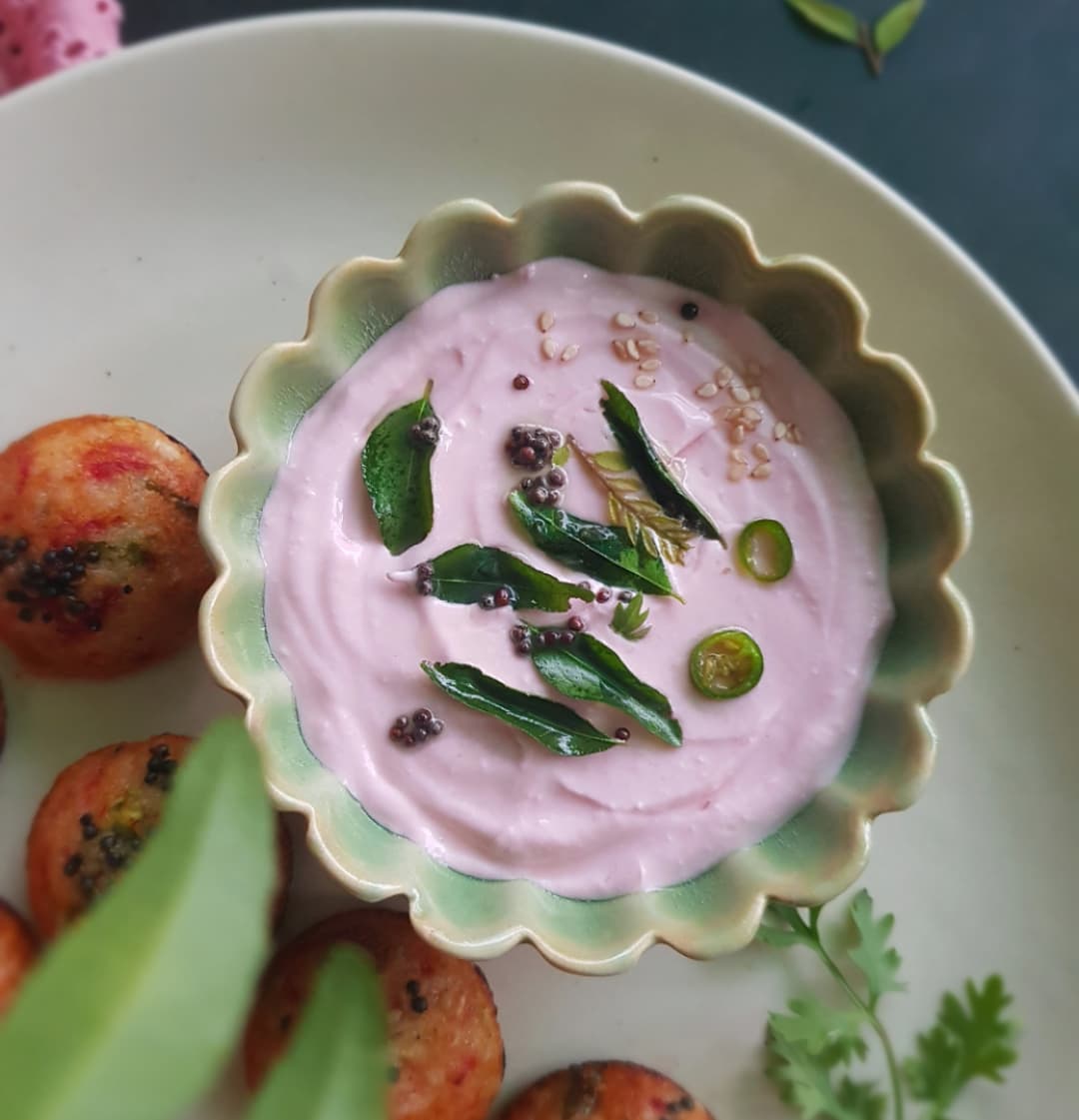 Beetroot Paniyarams with Beetroot Yogurt Dip