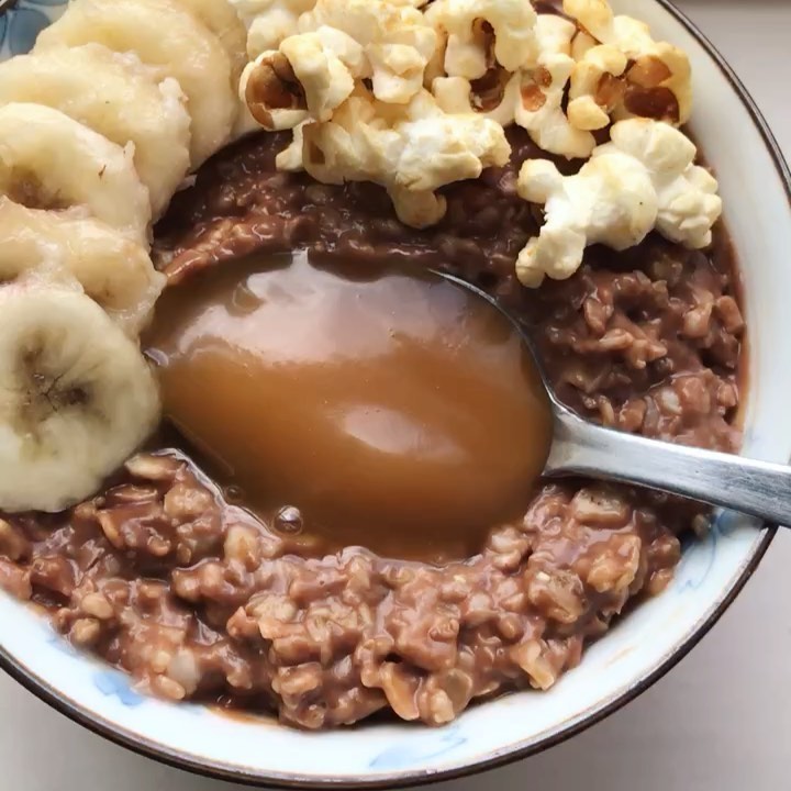 Warm Oats with Chocolate, Banana, and Popcorn