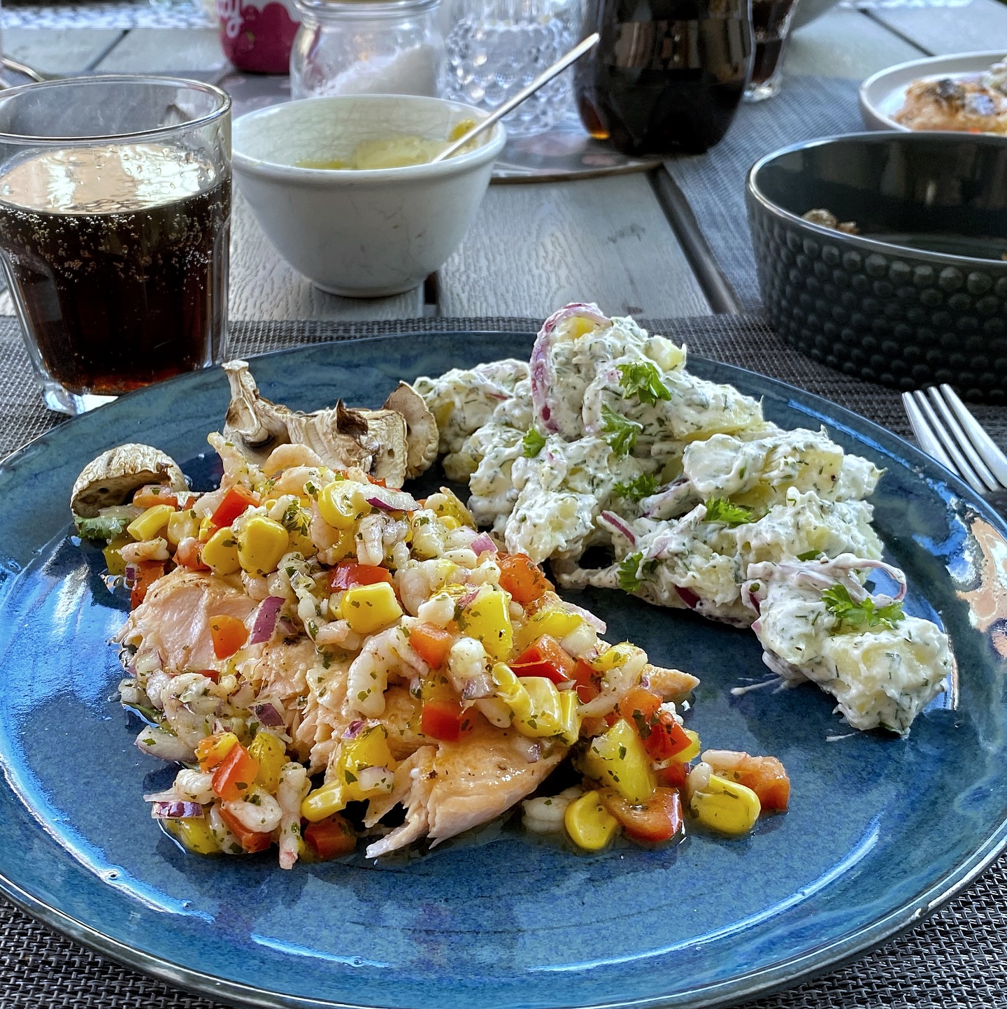 Grilled Salmon with Potato Salad and Salsa