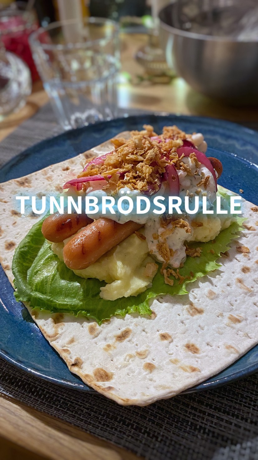 Swedish Tunnbröd Roll with Mashed Potatoes and Shrimp Salad