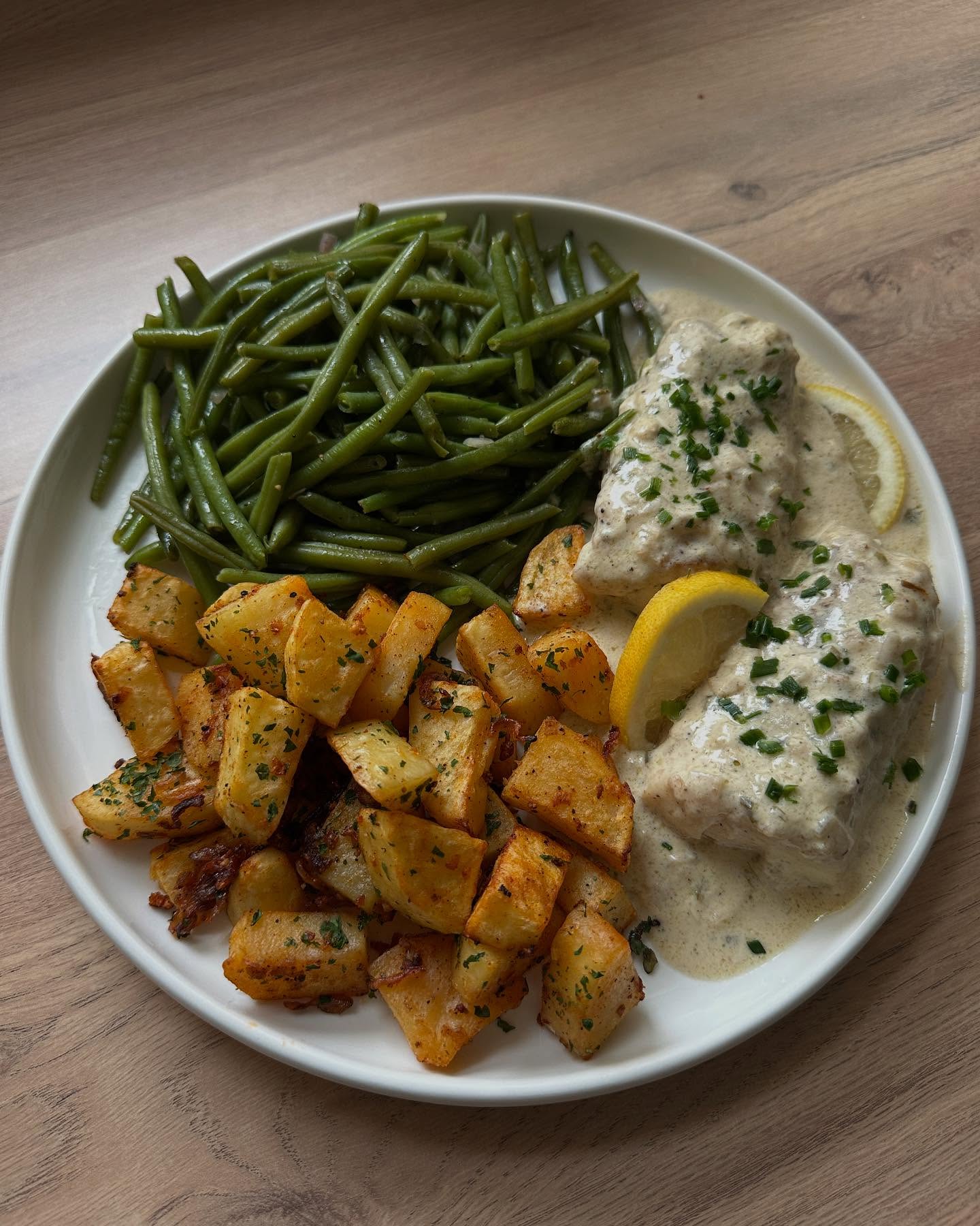 Cod with Shallot Cream Sauce and Roasted Vegetables