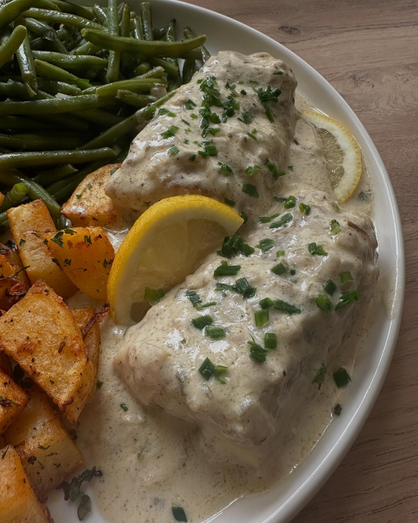 Cod with Shallot Cream Sauce and Roasted Vegetables