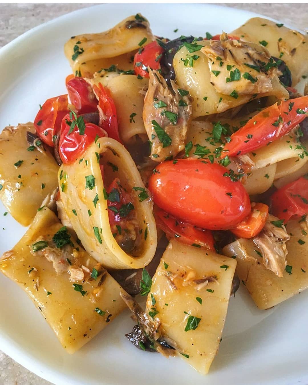Anelli Pasta with Tomatoes, Mackerel, and Olives