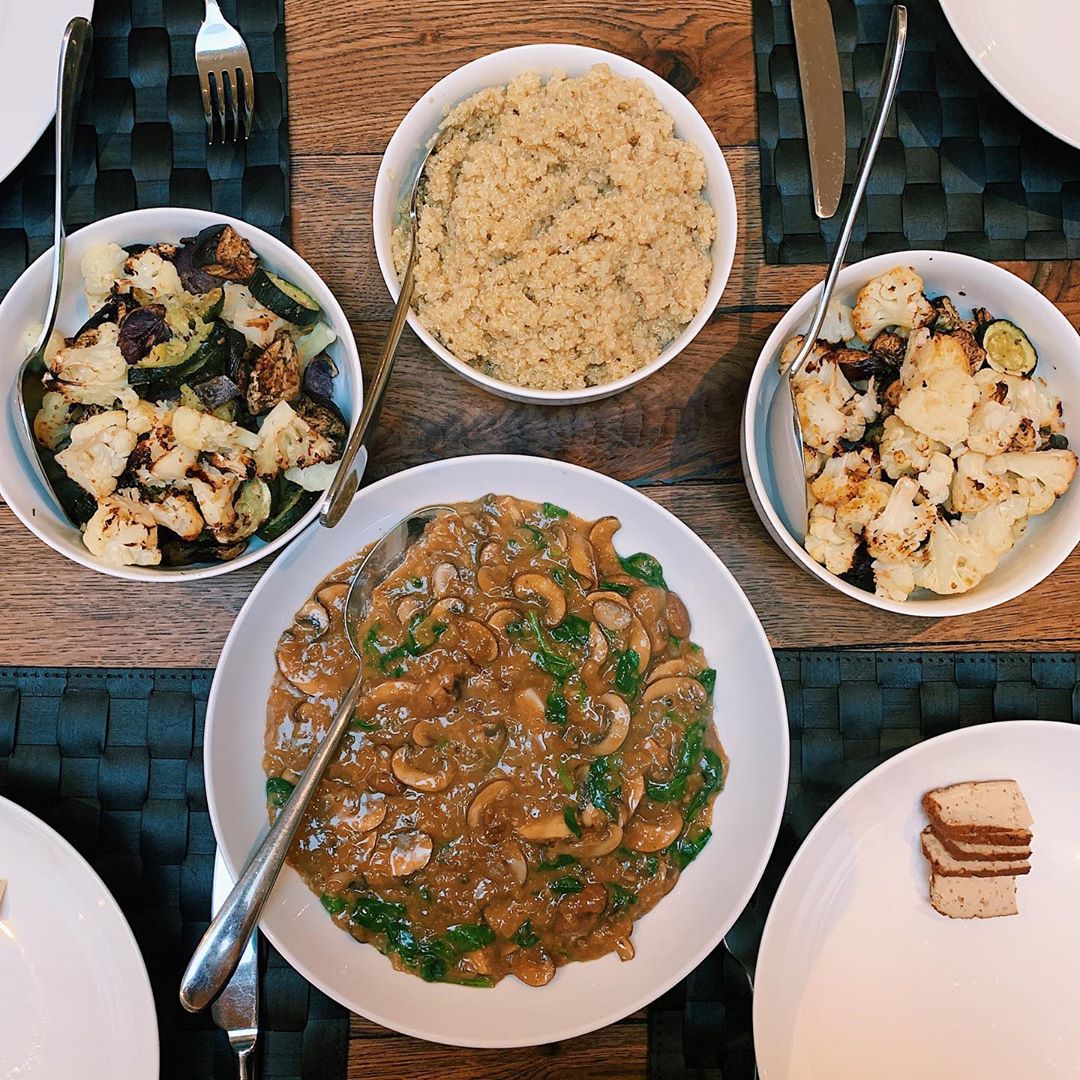 Mushroom Stroganoff with Wholewheat Quinoa, Roasted Veg and Tofu