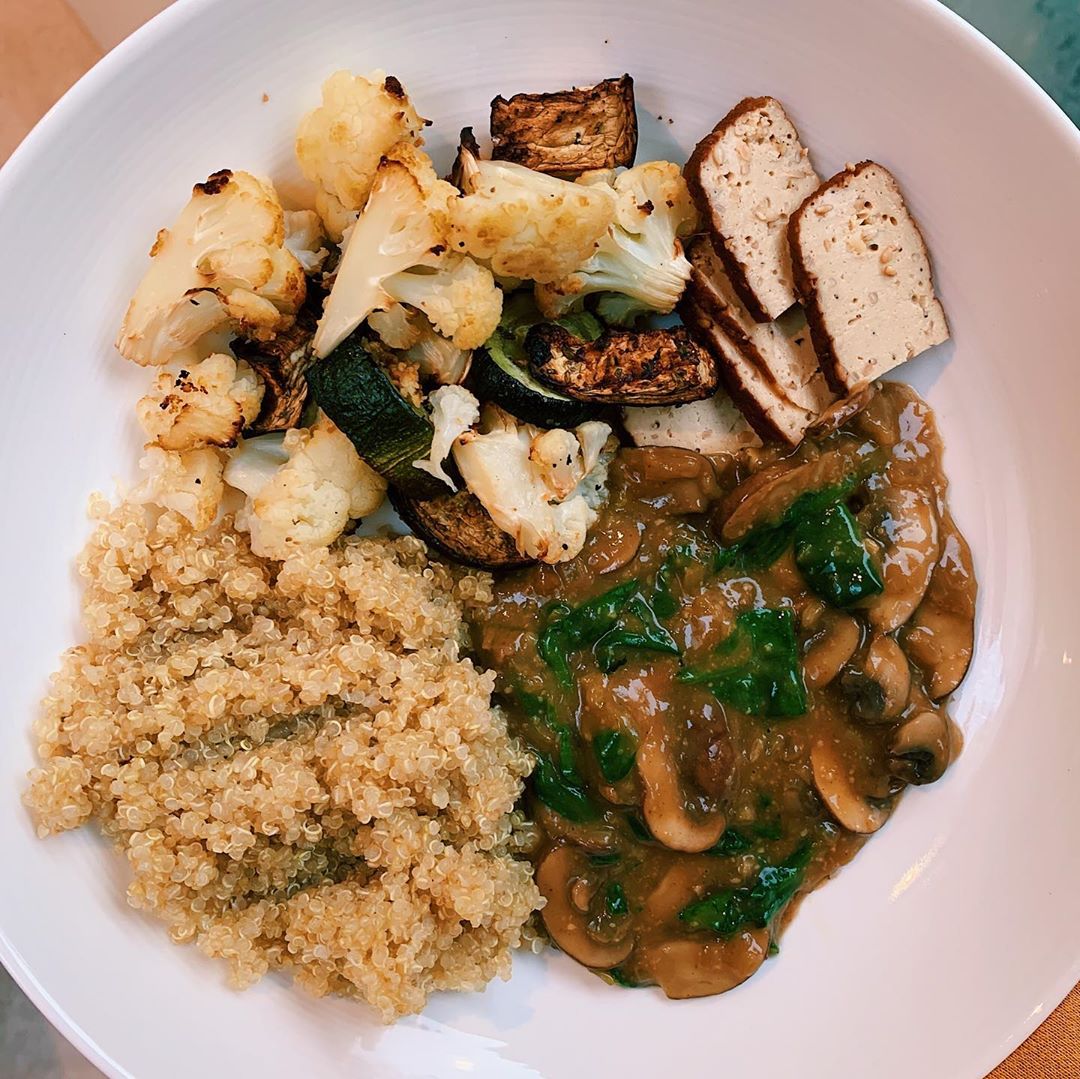 Mushroom Stroganoff with Wholewheat Quinoa, Roasted Veg and Tofu