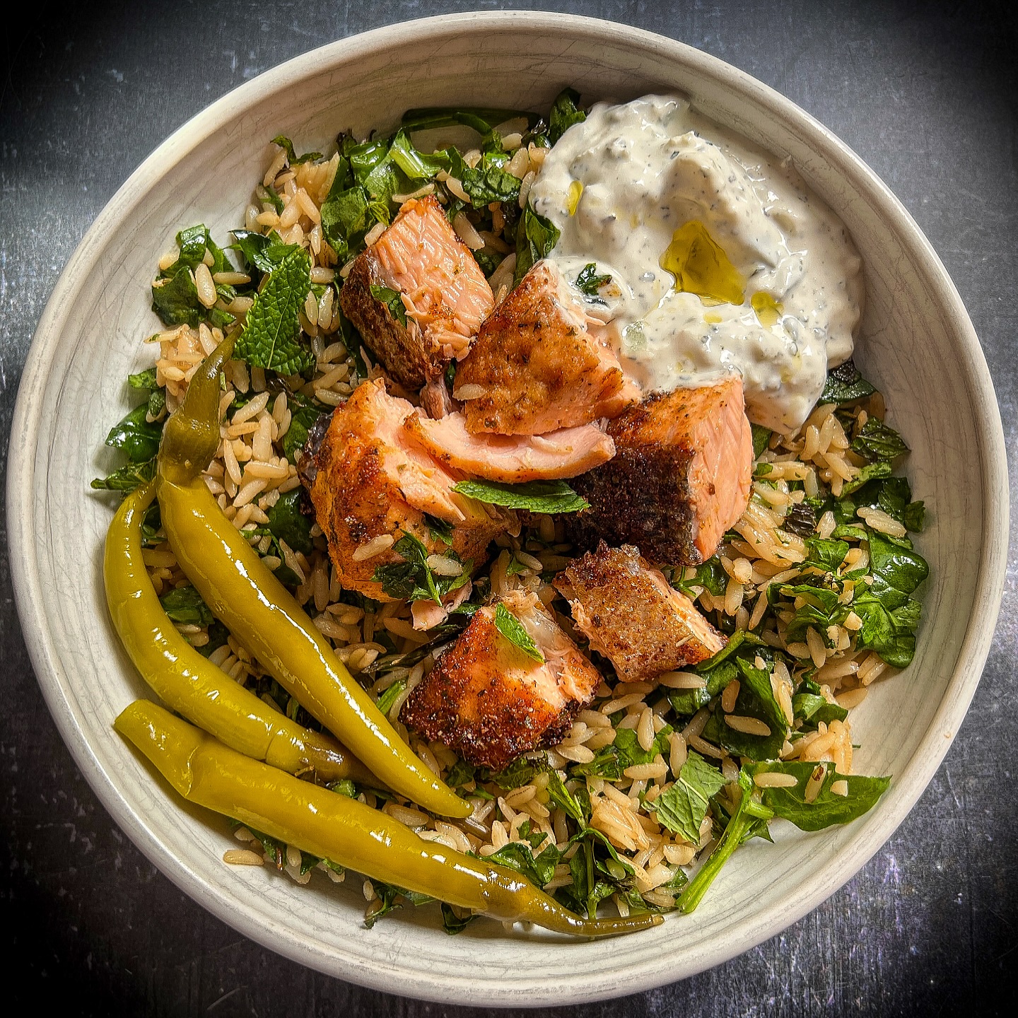 Mediterranean Salmon Rice Bowl