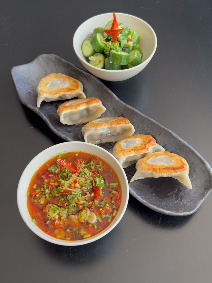 Crispy Shrimp Dumplings with Spicy Salsa and Cucumber Salad