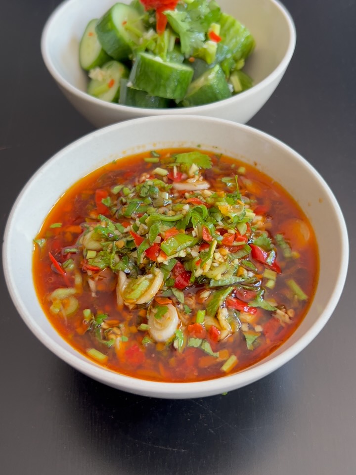 Crispy Shrimp Dumplings with Spicy Salsa and Cucumber Salad