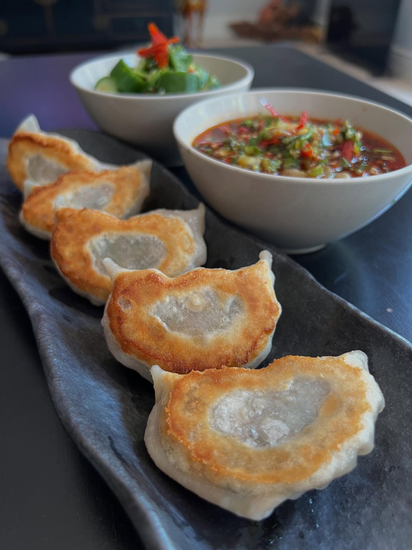 Crispy Shrimp Dumplings with Spicy Salsa and Cucumber Salad