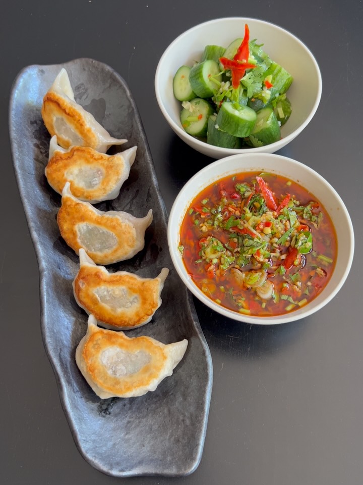 Crispy Shrimp Dumplings with Spicy Salsa and Cucumber Salad