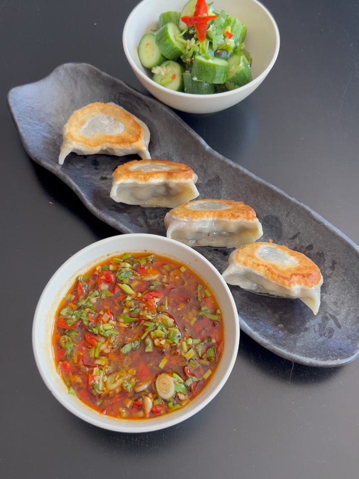 Crispy Shrimp Dumplings with Spicy Salsa and Cucumber Salad
