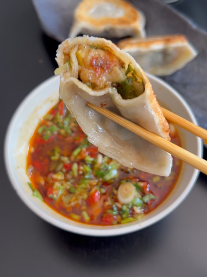 Crispy Shrimp Dumplings with Spicy Salsa and Cucumber Salad