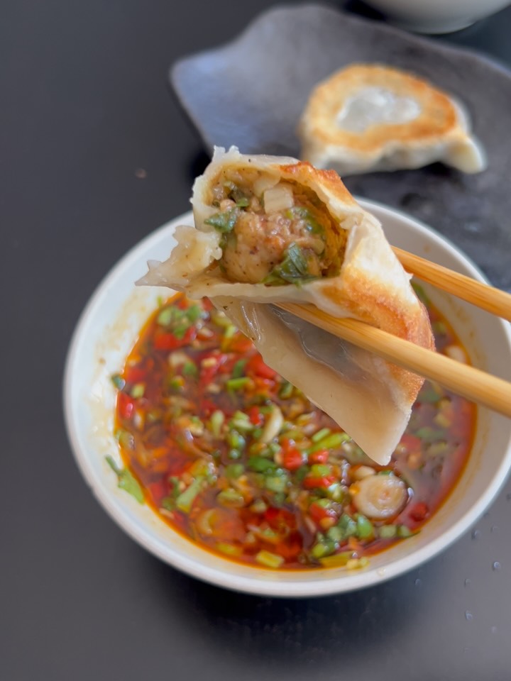 Crispy Shrimp Dumplings with Spicy Salsa and Cucumber Salad