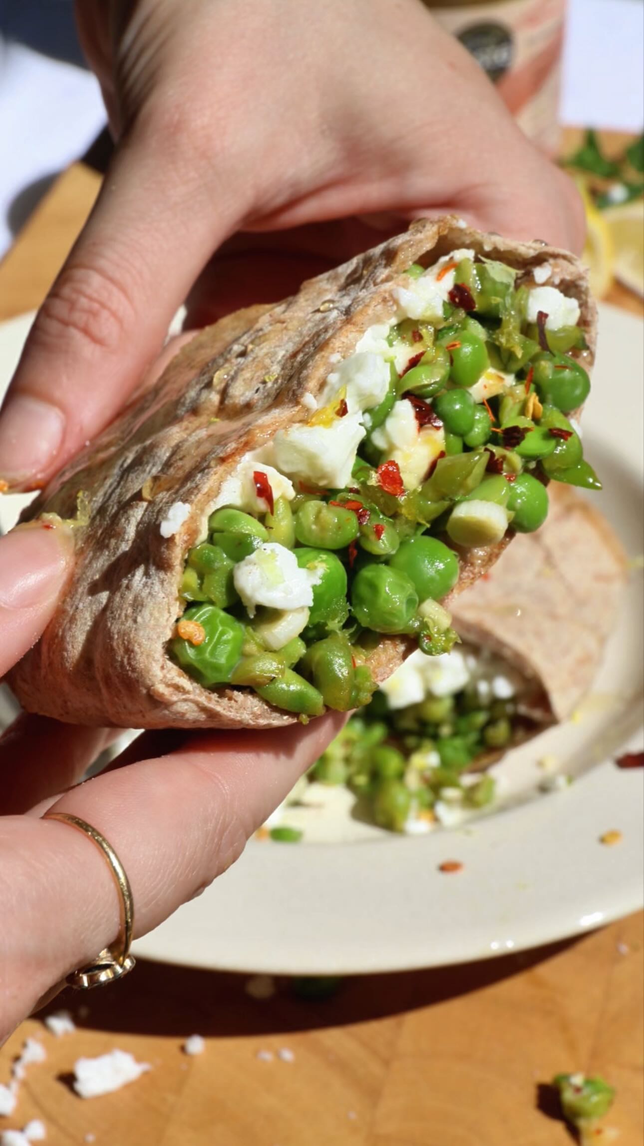 Creamy Smashed Miso Pea and Feta Pita