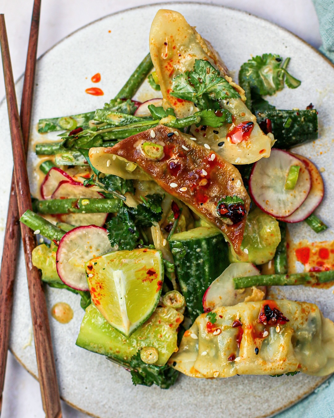 Fresh Gyoza Salad with Sesame and Soy Dressings