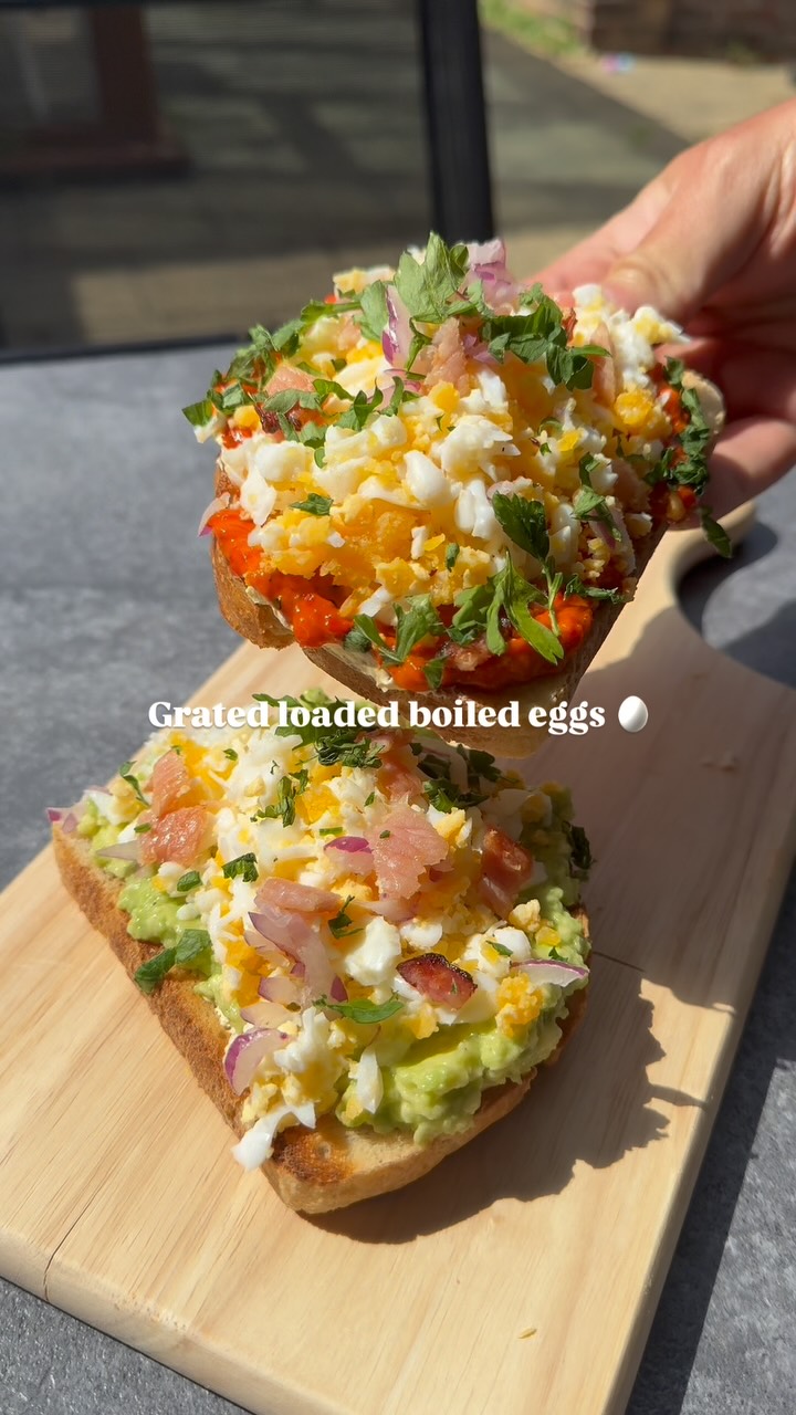 Grated Egg Toast with Avocado and Ajvar