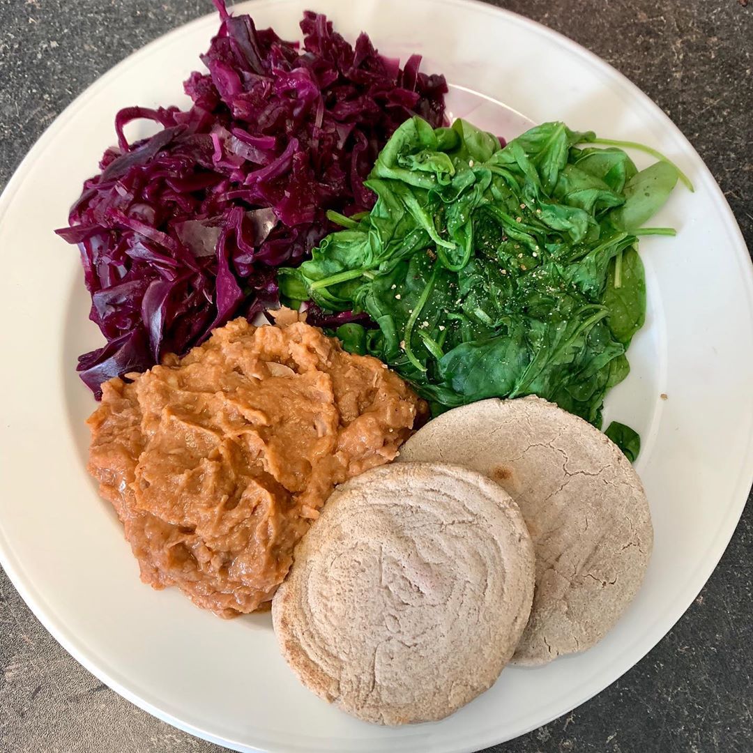 Red Cabbage and Steamed Spinach with Refried Beans and Buckwheat Cakes