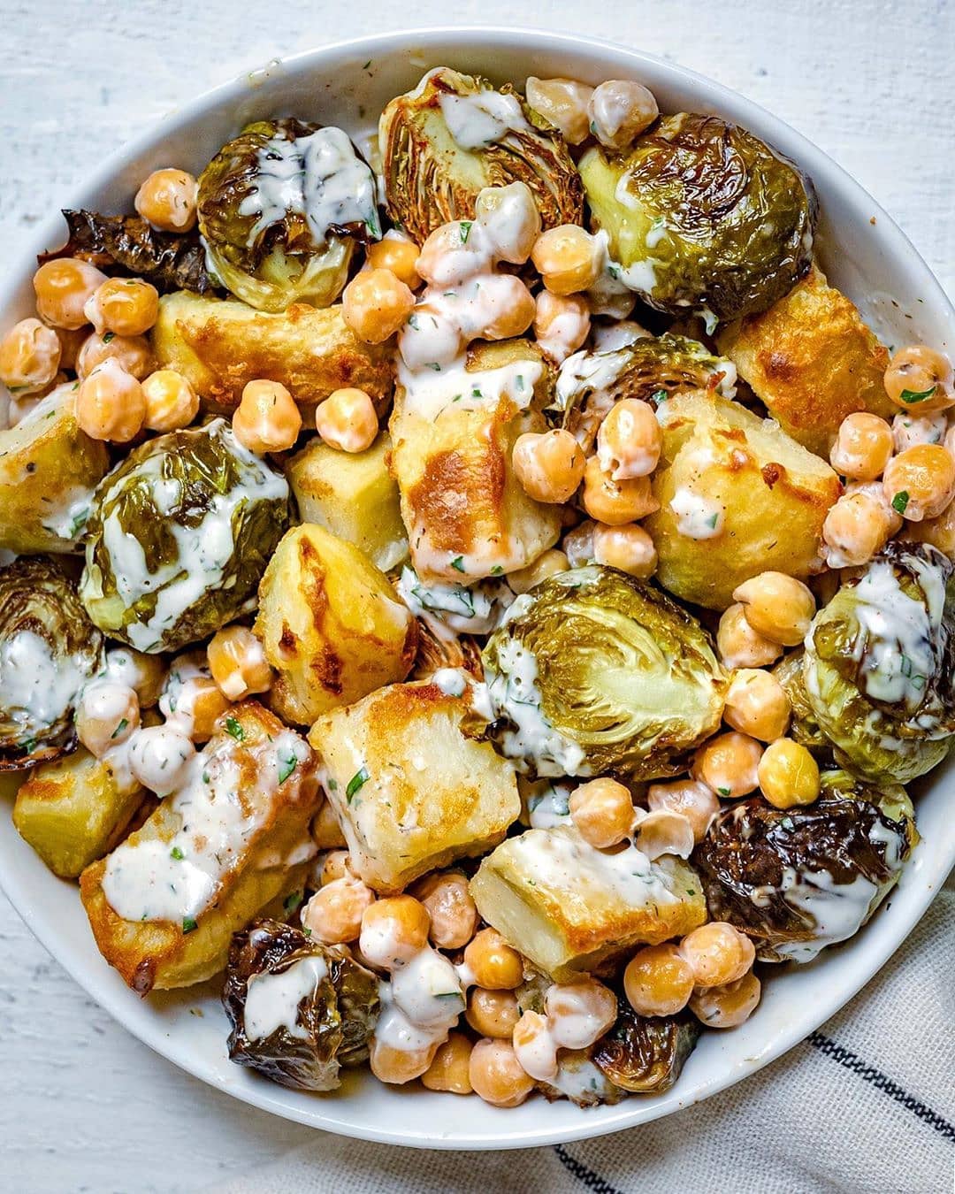 Roasted Potato, Brussels Sprouts, and Chickpea Salad