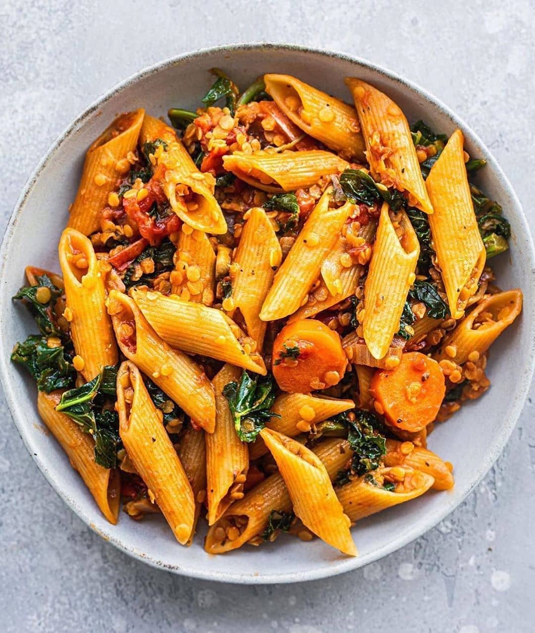 Vegan Lentil Pasta with Mushrooms and Kale