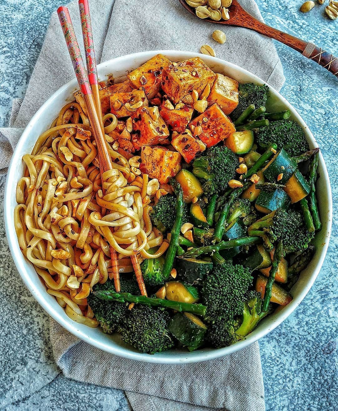 Spicy Hoisin Tofu with Udon and Stir Fry Veggies