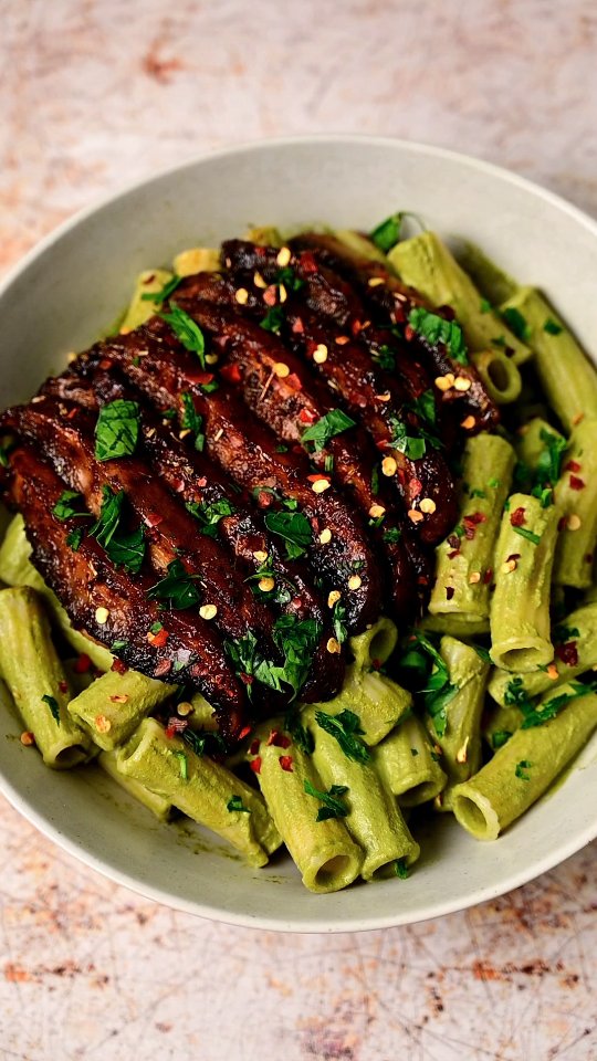 Walnut Kale Pesto Pasta with Portobello Mushroom Steak