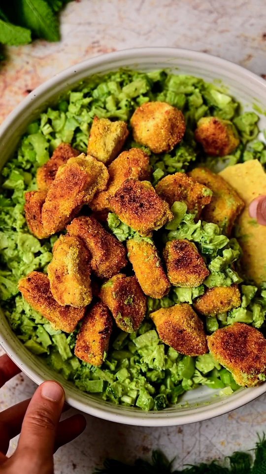 Broccoli Green Goddess Salad with Popcorn Tofu