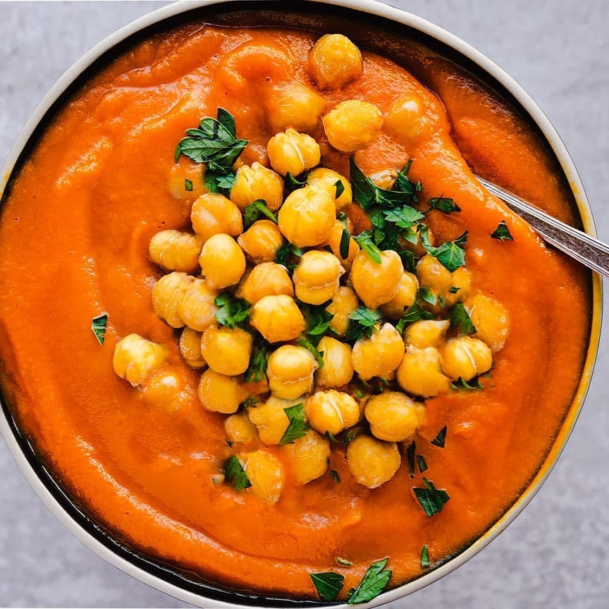 Thick and Comforting Carrot Soup with Chickpea Croutons