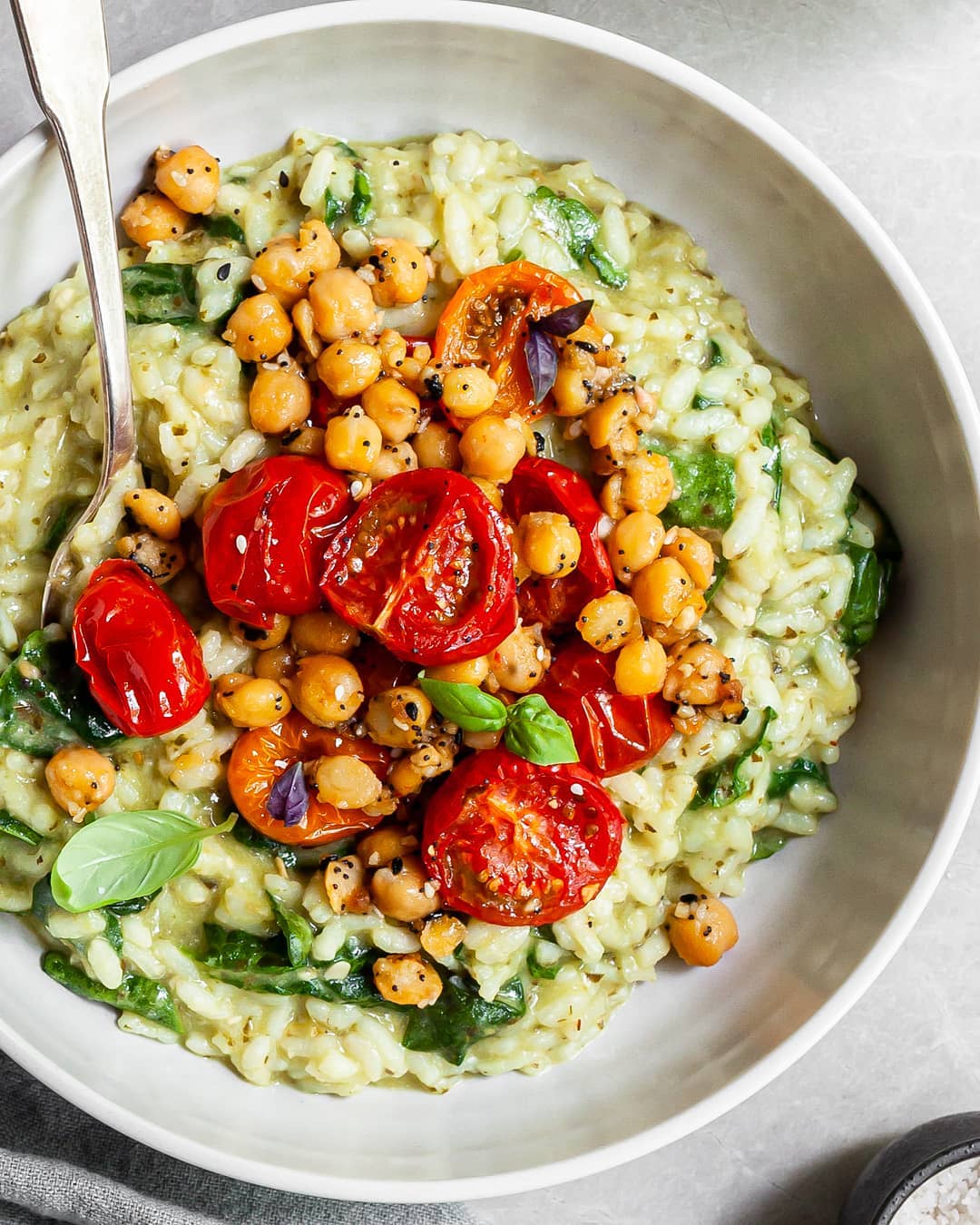 Pesto Risotto with Roasted Chickpeas and Tomatoes