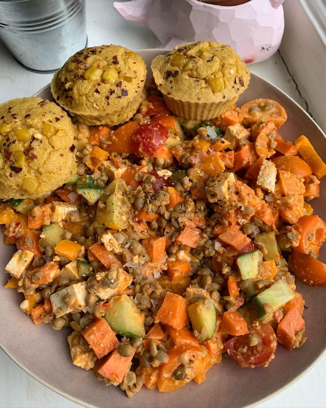 Vegan Cornbread Muffins with Lentil Salad