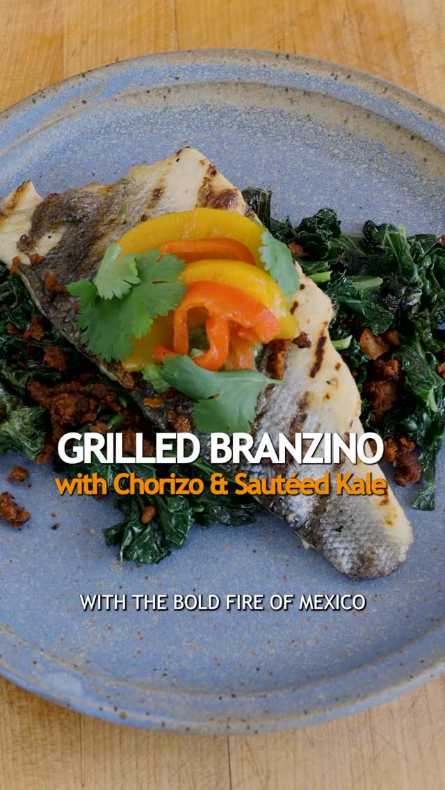 Grilled Branzino with Chorizo and Sautéed Kale