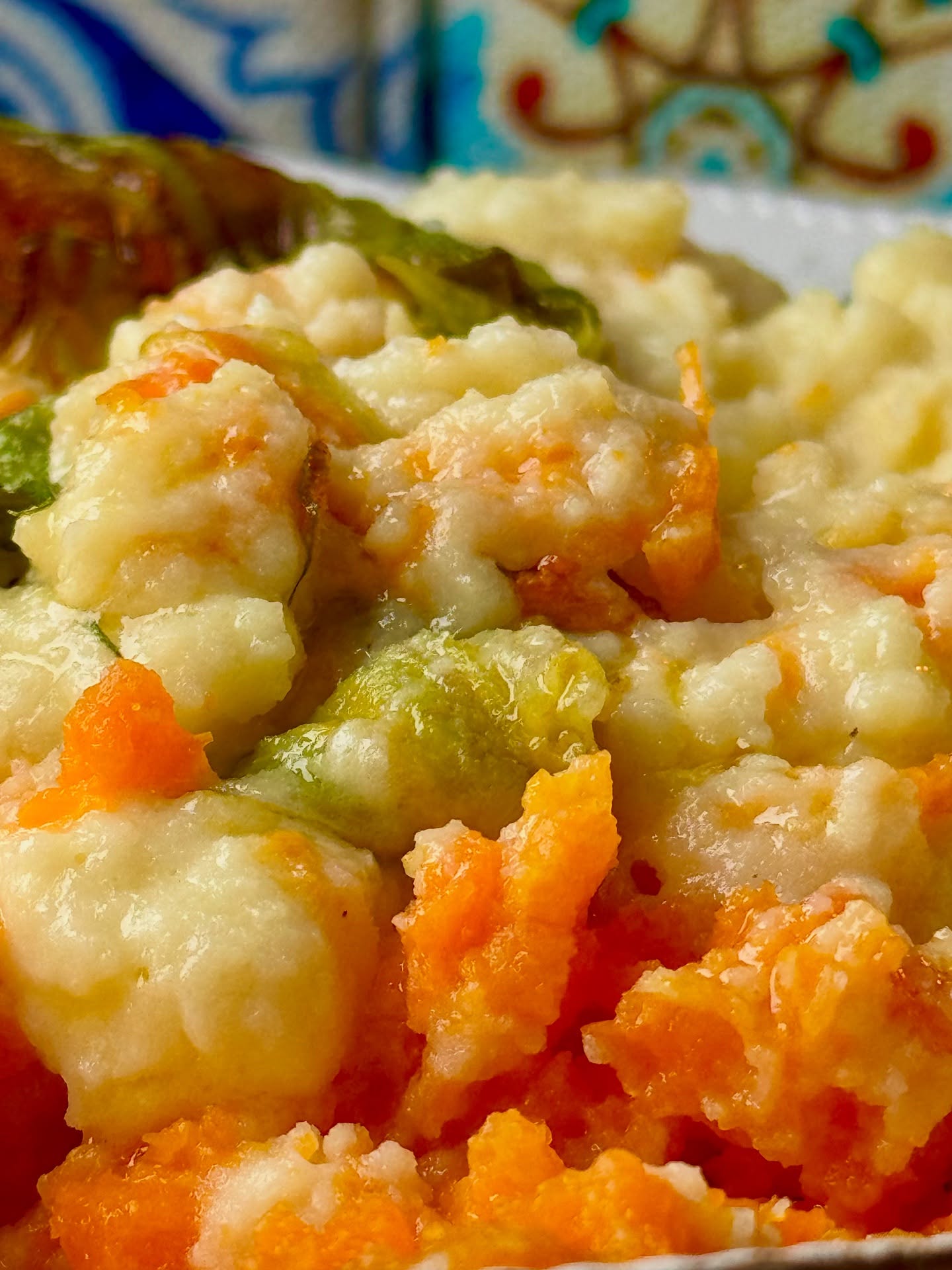Creamy Mashed Potatoes with Carrots and Crispy Zucchini Blossoms