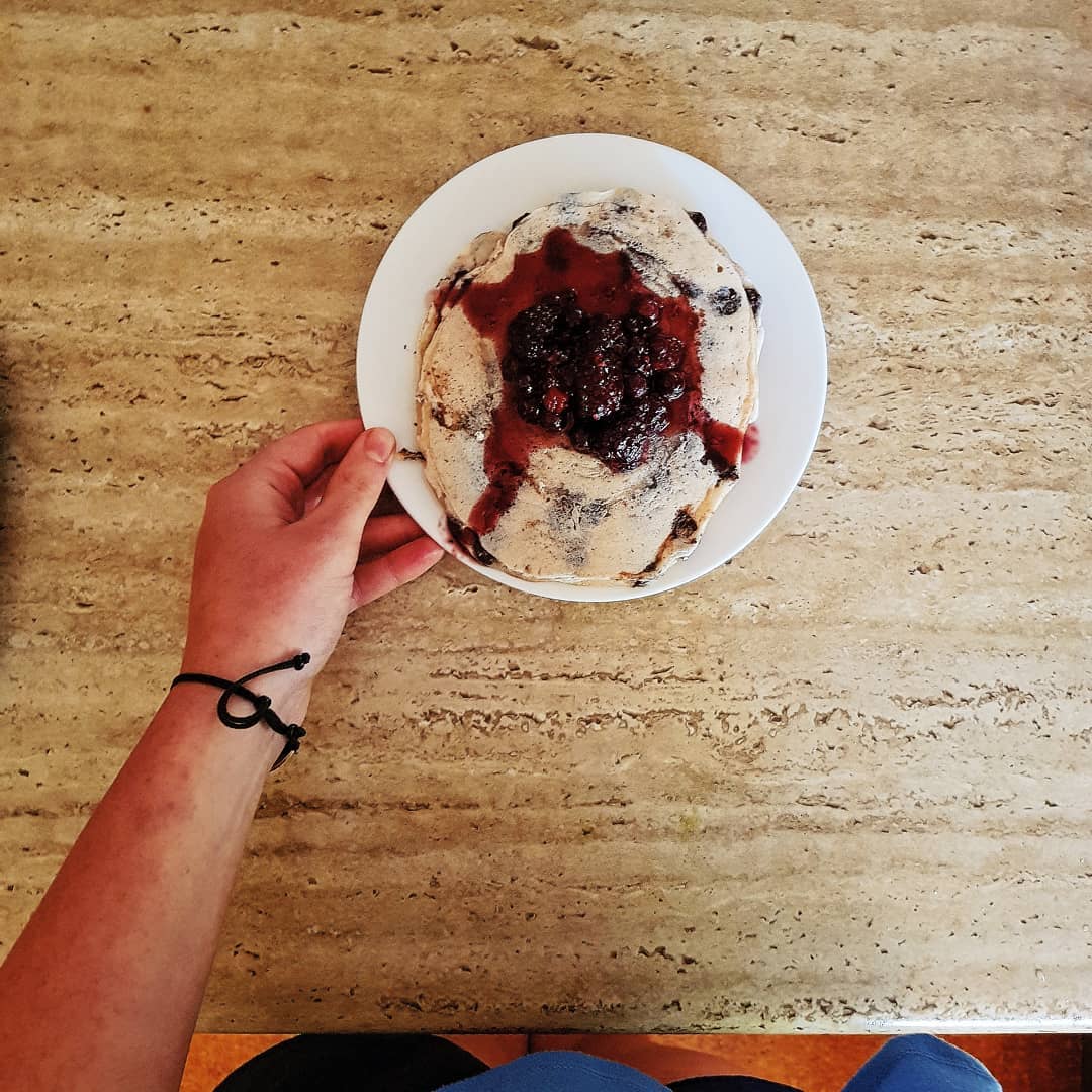 Quarantine Pancakes with Chocolate Chips and Berry Syrup