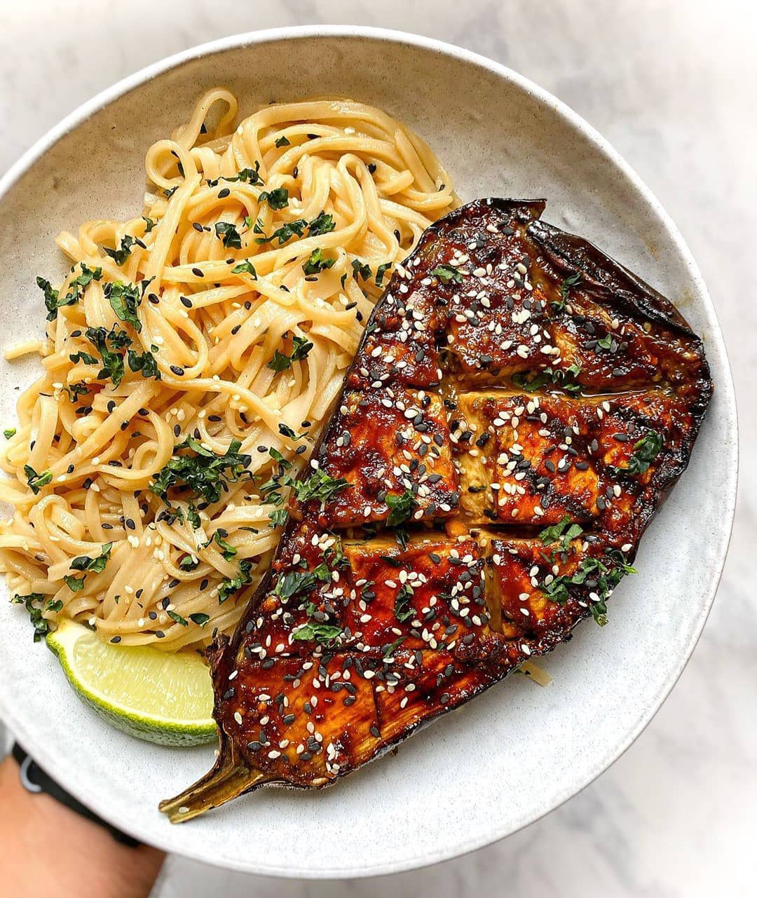 Peanut Butter Roasted Aubergines with Sesame Noodles