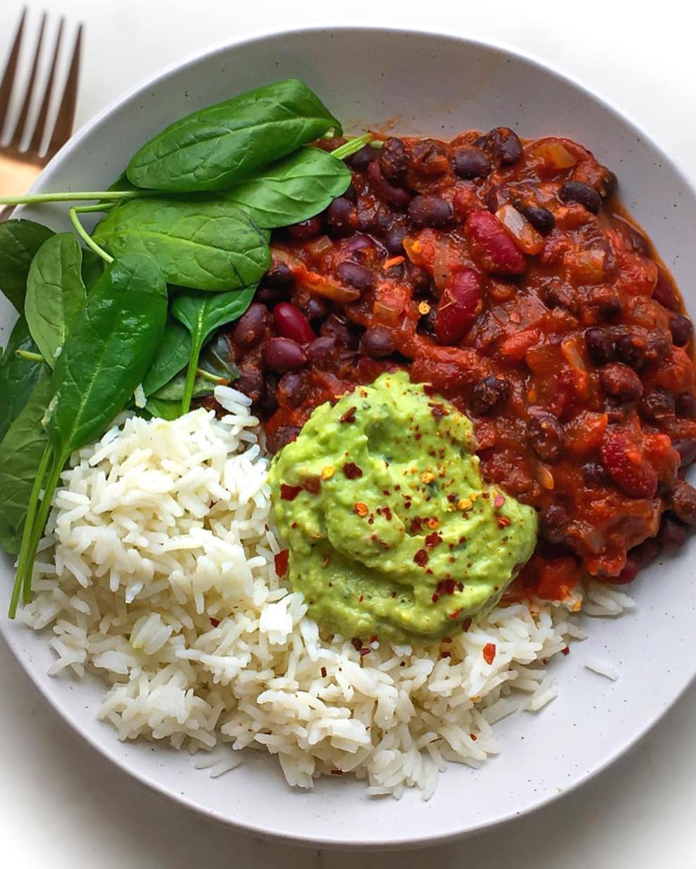 Bean Chili with Guacamole and Rice