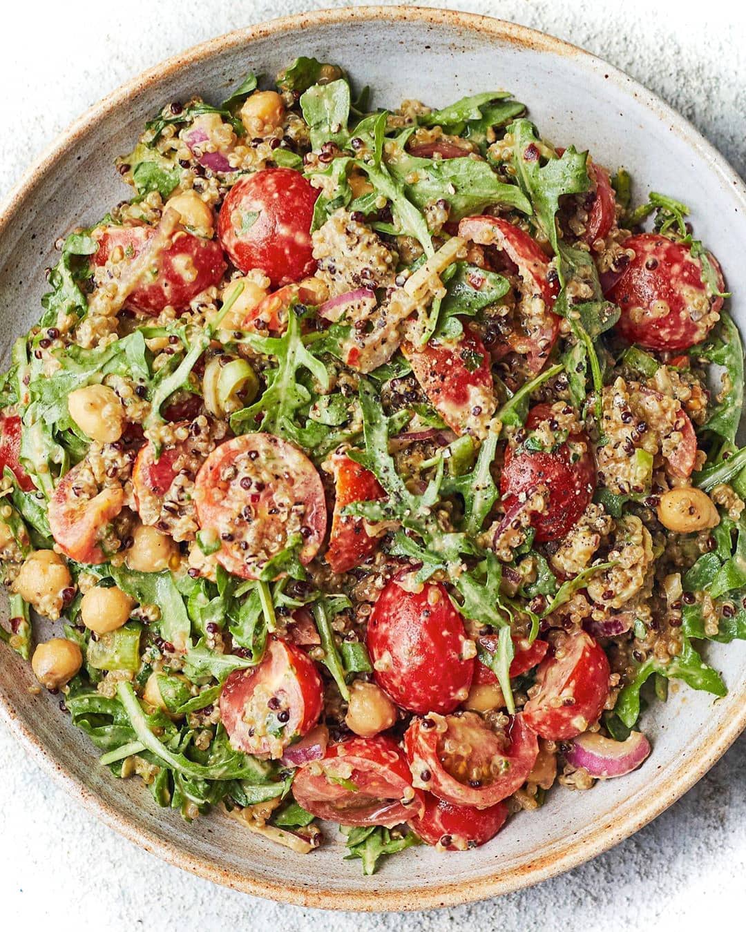 Quinoa Red Onion Tomato Chickpea Pesto Salad