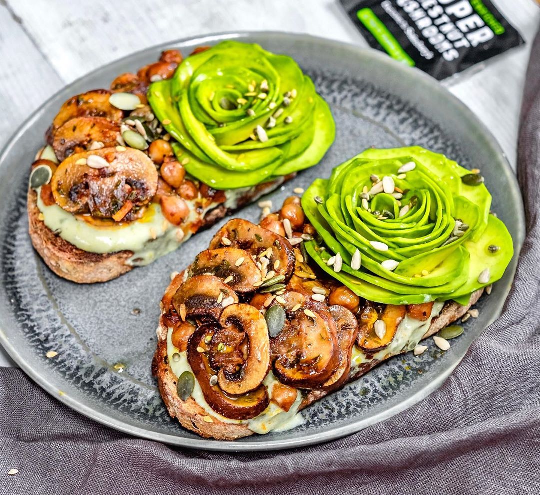 Crunchy Toast with a Good Spread of Vegan Cheese Topped with Tamari Mushrooms and Crunchy Chickpeas and Creamy Avocado