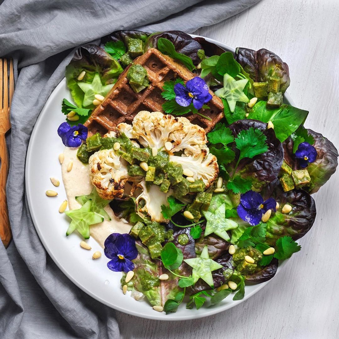 Savoury Sweet Potato Waffle with Hummus and Cauliflower