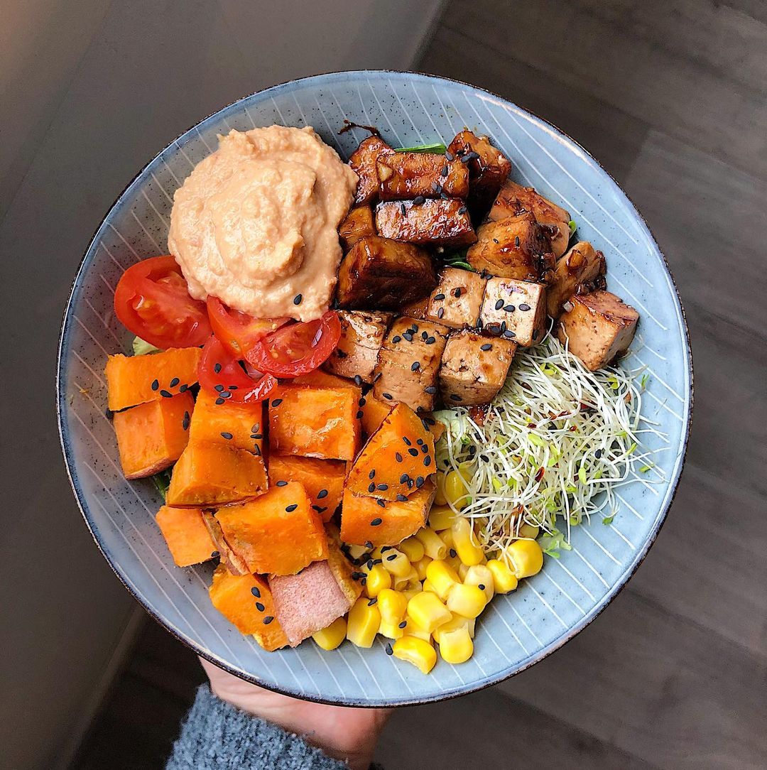 Colorful Buddha Bowl with Tempeh and Tofu Marinade
