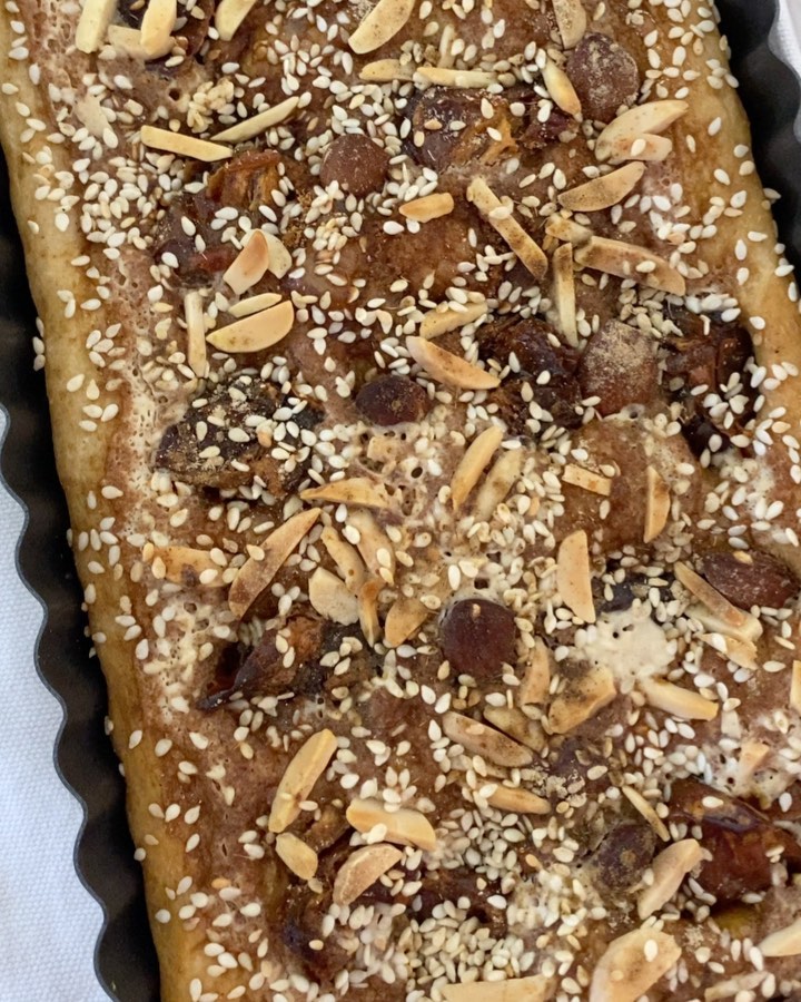 Arabic Sweet Focaccia with Tahini and Dates
