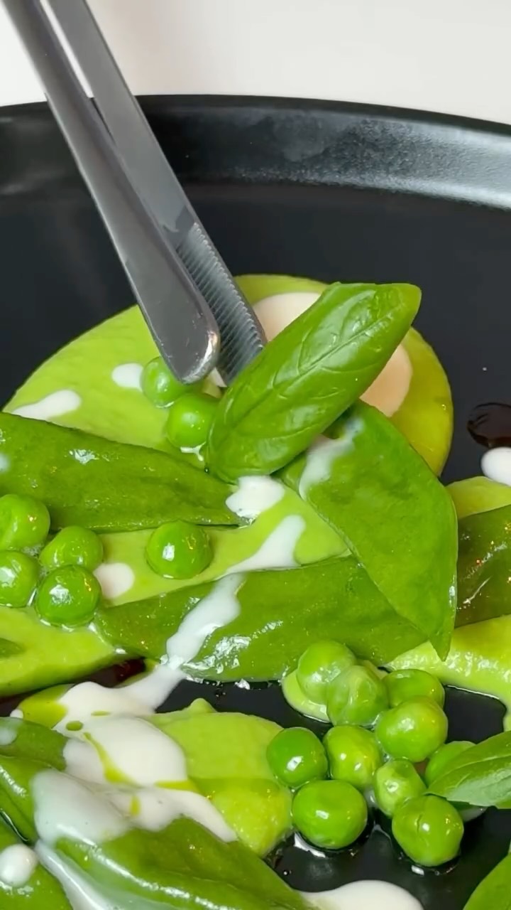 Spinach Ravioli with Ham Mousse and Pea Sauce