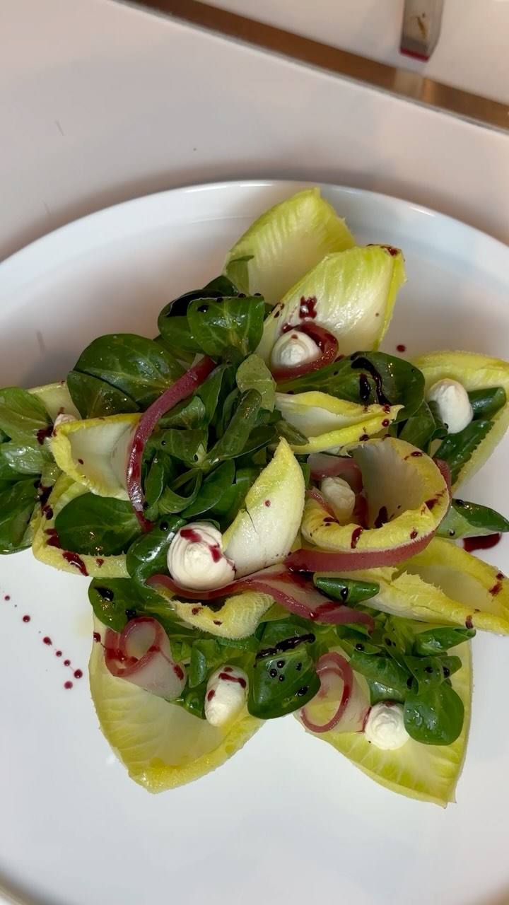 Endive and Valerian Salad with Wine-Poached Pears and Robiola