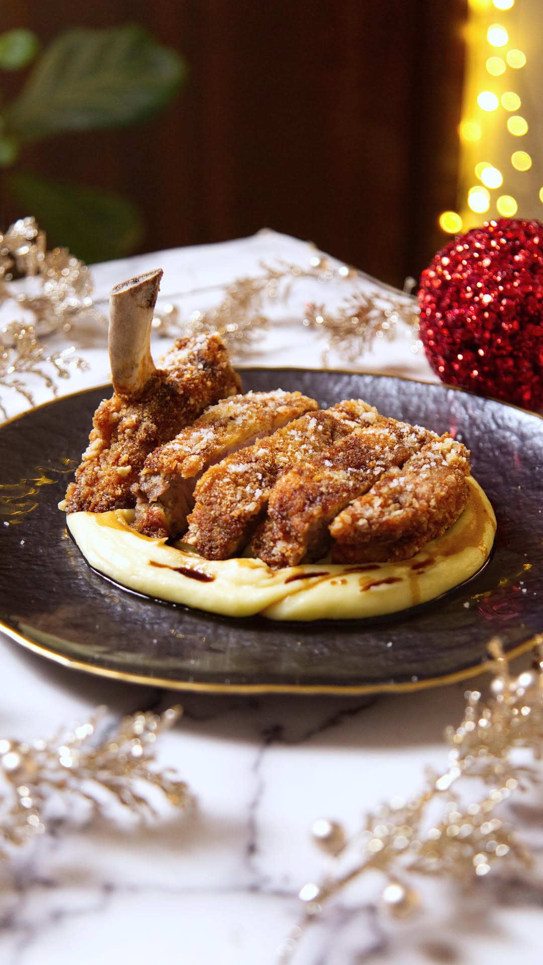 Crispy Breaded Pork Cutlet with Mashed Potatoes and Balsamic