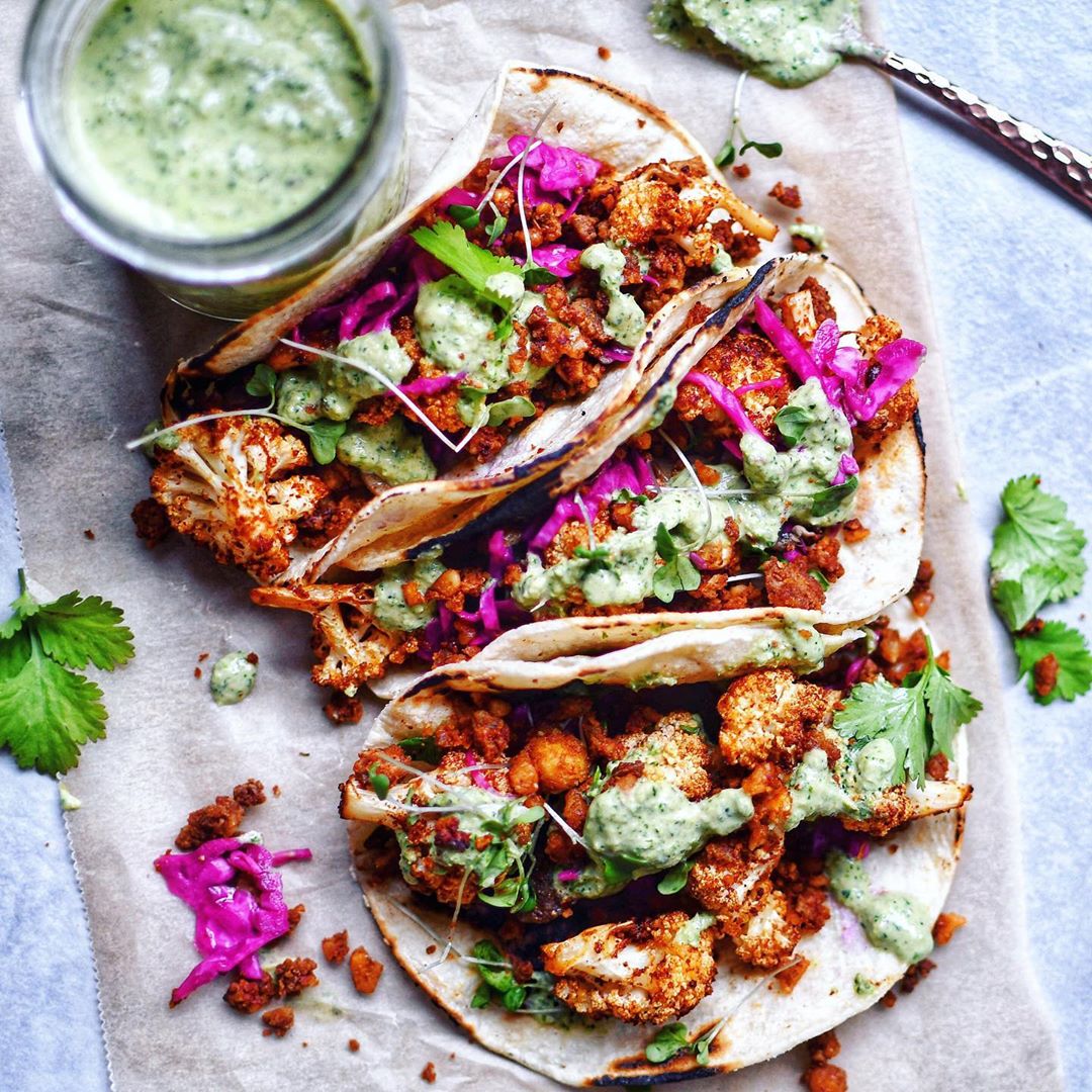 Spicy Caulifower Tacos with Cilantro Cream and Tofu Walnut Meat for Taco