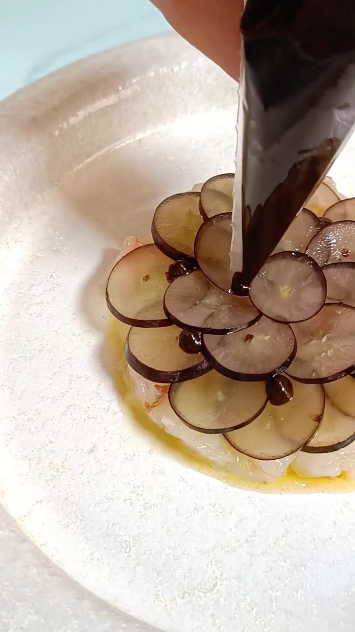 Shrimp Tartare with Black Grapes and Black Garlic Cream