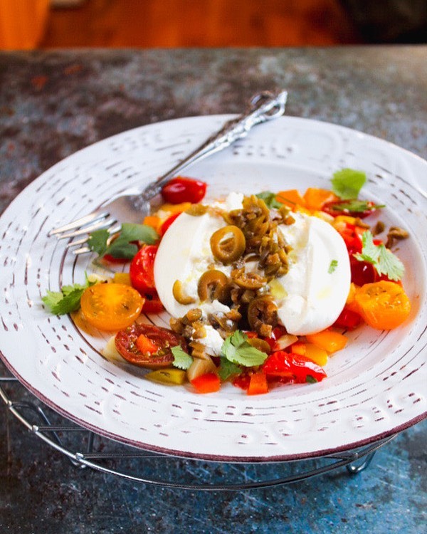 Burrata with Roasted Tomatoes Garlic and Sweet Peppers