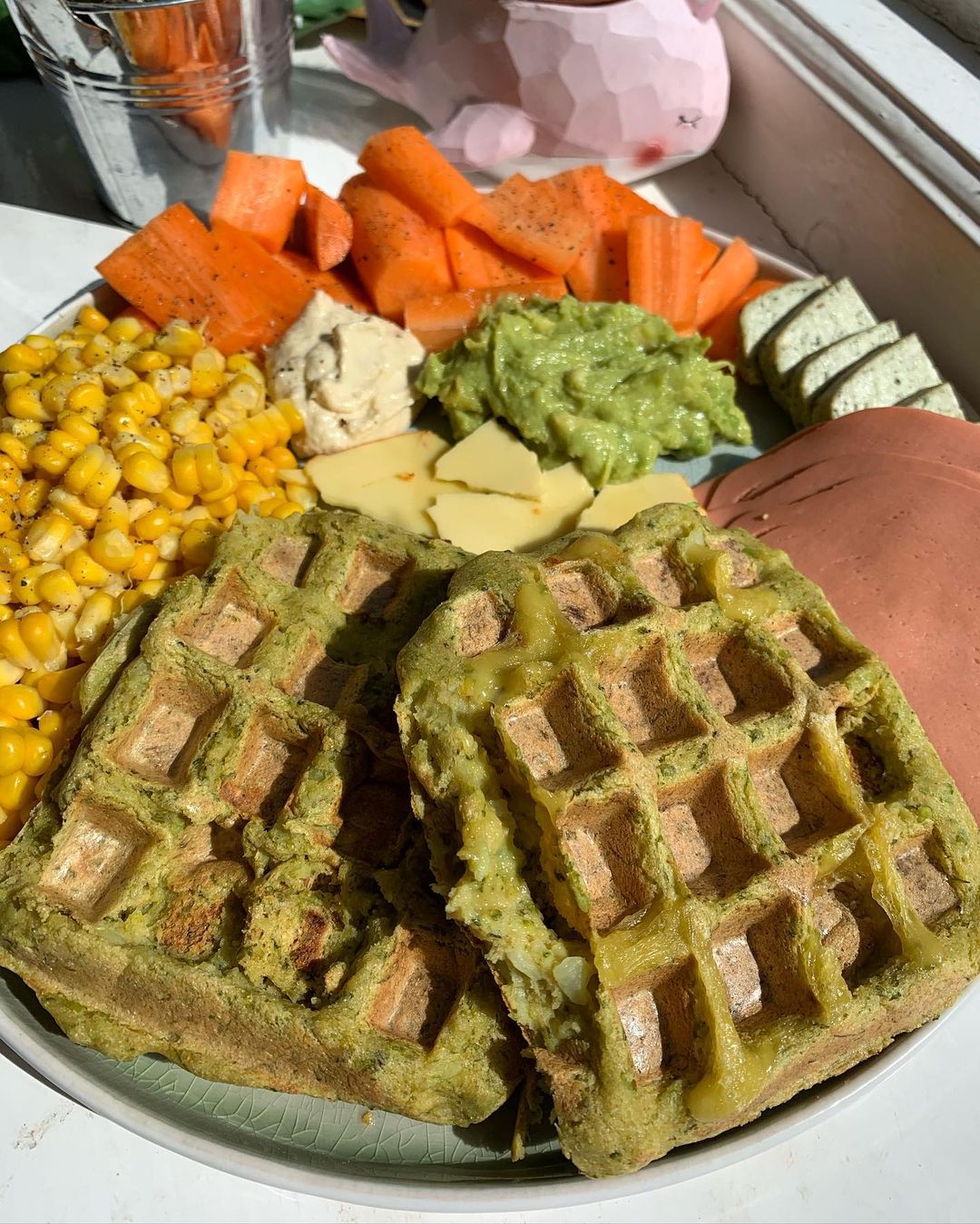 Vegan Ham and Cheese Stuffed Broccoli Waffles