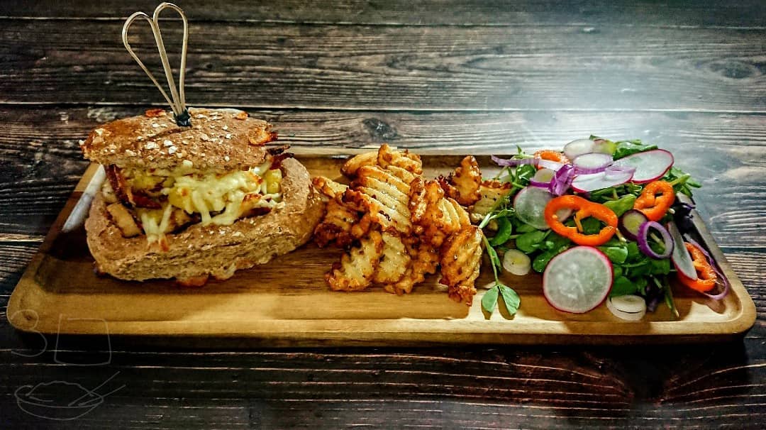 Gnocchi and Sausage Stuffed Bun with Chips and Salad